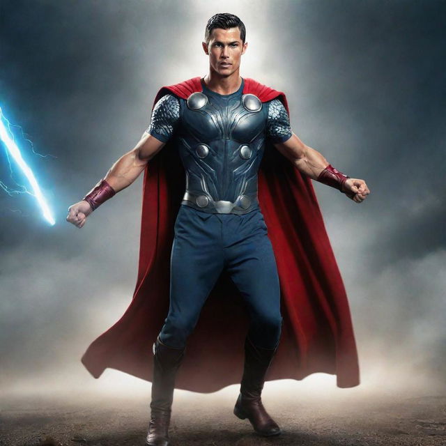 Cristiano Ronaldo thrust into Asgard as Thor, meeting Chris Hemsworth's Thor. The footballer's lightning-fast skills meet the thunderous might of the god of thunder, creating a cosmic spectacle of resilience, teamwork, and unexpected alliances