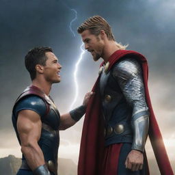 Cristiano Ronaldo thrust into Asgard as Thor, meeting Chris Hemsworth's Thor. The footballer's lightning-fast skills meet the thunderous might of the god of thunder, creating a cosmic spectacle of resilience, teamwork, and unexpected alliances