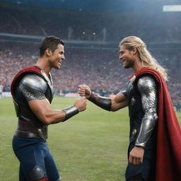 Cristiano Ronaldo thrust into Asgard as Thor, meeting Chris Hemsworth's Thor. The footballer's lightning-fast skills meet the thunderous might of the god of thunder, creating a cosmic spectacle of resilience, teamwork, and unexpected alliances