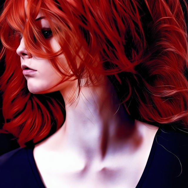 A detailed portrait of a red-haired woman showcasing her neck often hidden by her beautiful hair