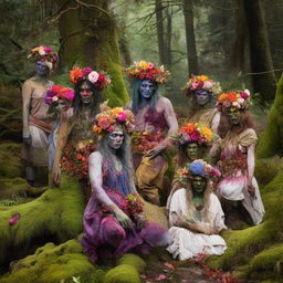 A group of zombies adorned with floral headpieces, their bodies partially covered in vibrant moss and multicoloured flowers blooming from their bodies.