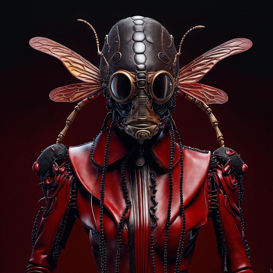 A hyper-detailed, slightly disturbing, but incredible cinematic portrait of a humanoid insect, styled for a Vogue magazine cover.