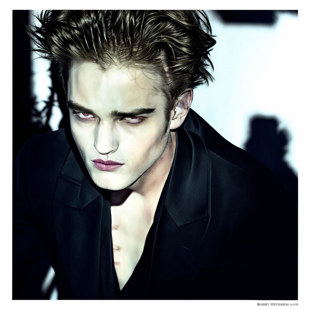 An enhanced, beguiling image of Edward from Twilight (Robert Pattinson) with his skin glistening in sunlight, exhibiting majestic vampiric aura, framed within a vogue photo-editorial capture.