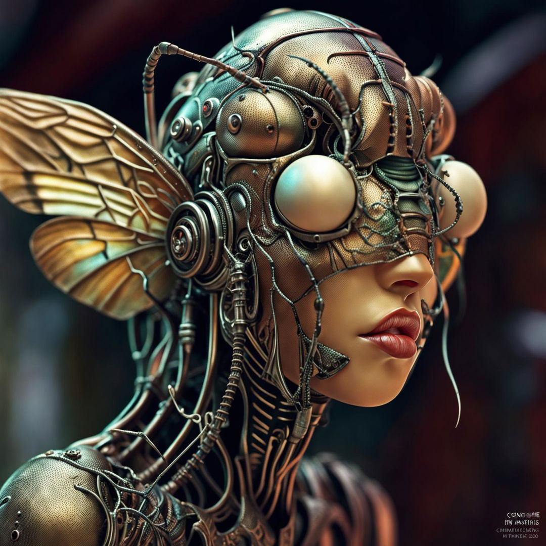 A captivatingly detailed, borderline disturbing yet attractive humanoid insect, incorporating feminine facial features, illustrated with exceptional detail in a cinematic style for a Vogue magazine cover.