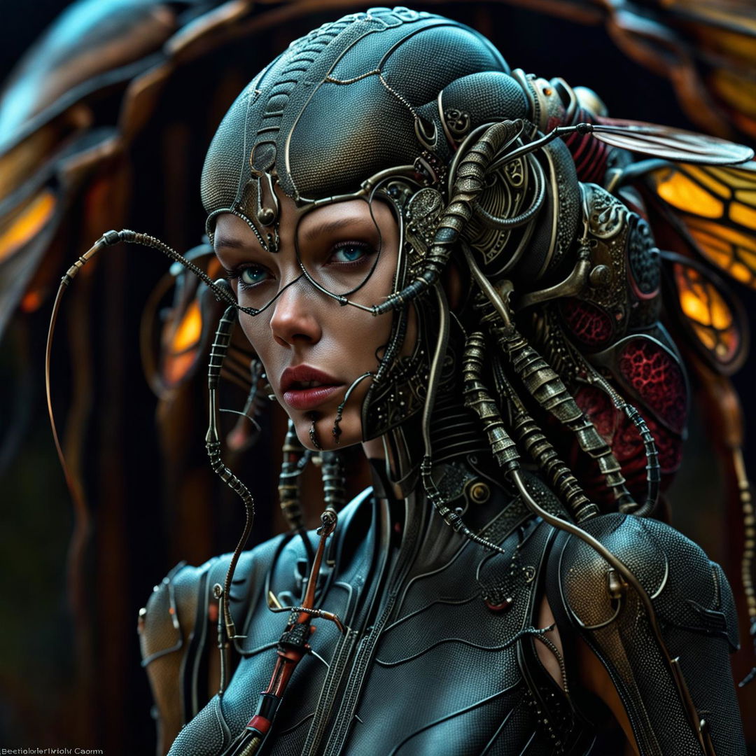 An intricately detailed, slightly disturbing but attractive humanoid insect with feminine facial features, some parasites visibly coexisting with it, all rendered with extraordinary detail in a cinematic Vogue magazine cover style.