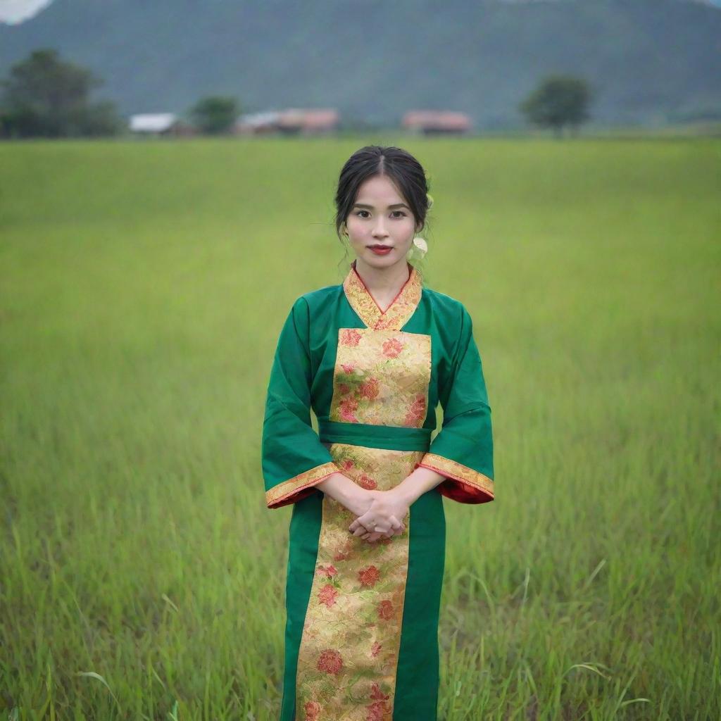 A beautiful girl in traditional Vietnamese attire, standing in the middle of a peaceful rural setting, with lush green fields in the background.