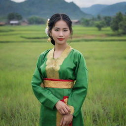 A beautiful girl in traditional Vietnamese attire, standing in the middle of a peaceful rural setting, with lush green fields in the background.