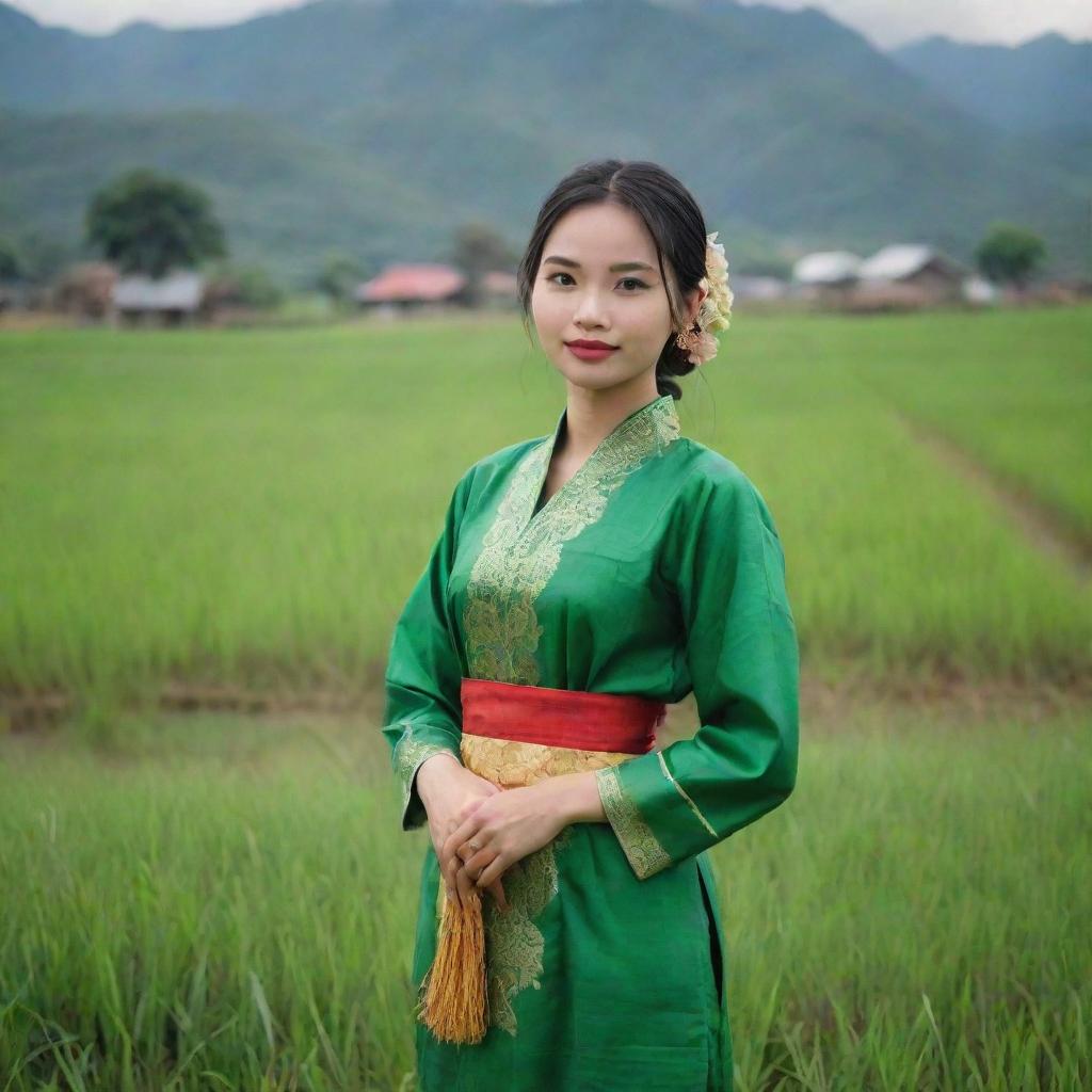 A beautiful girl in traditional Vietnamese attire, standing in the middle of a peaceful rural setting, with lush green fields in the background.