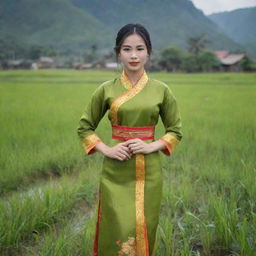 A beautiful girl in traditional Vietnamese attire, standing in the middle of a peaceful rural setting, with lush green fields in the background.