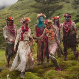 A group of zombies adorned with floral headpieces, their bodies partially covered in vibrant moss and multicoloured flowers blooming from their bodies.