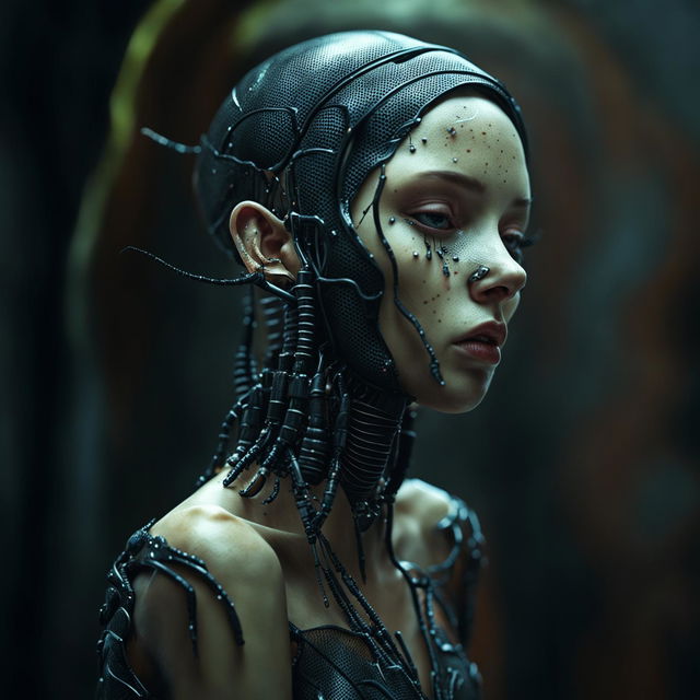 A portrait of a melancholic humanoid insect with feminine features and parasites, staring wistfully into the distance, a tear streaming down her face, in vivid remembrance of the humanity lost long ago. All detailed to perfection in a cinematic Vogue style.