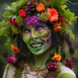 A zombie adorned with a vibrant floral headpiece, its body interlaced with lush moss, crawling vines and colourful flowers blooming from its form, creating a uniquely beautiful sight.