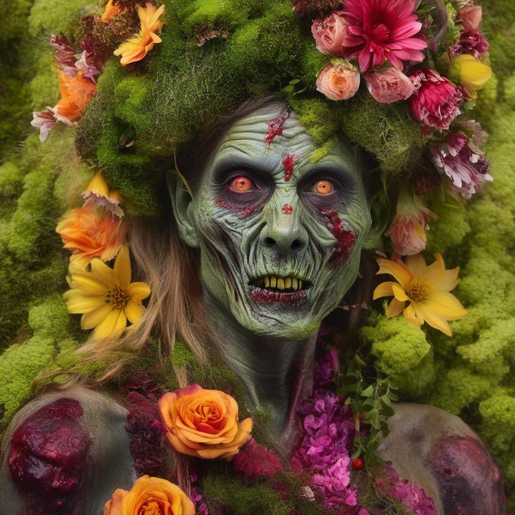 A zombie adorned with a vibrant floral headpiece, its body interlaced with lush moss, crawling vines and colourful flowers blooming from its form, creating a uniquely beautiful sight.