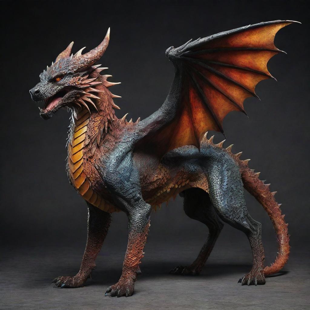 A majestic canine creature with dragon-like features, including scales, wings, and fiery eyes.