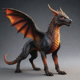 A majestic canine creature with dragon-like features, including scales, wings, and fiery eyes.