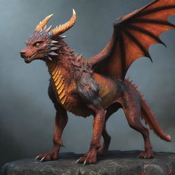 A majestic canine creature with dragon-like features, including scales, wings, and fiery eyes.