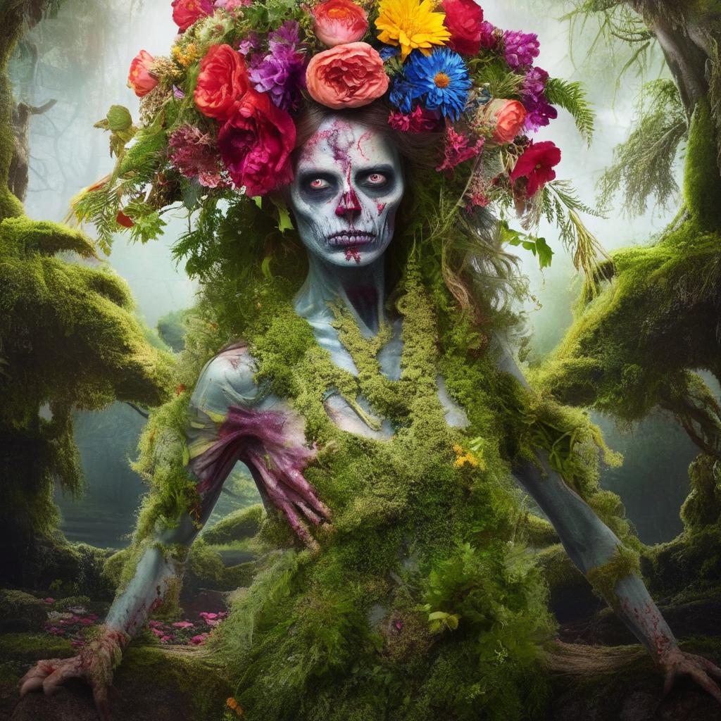 A zombie adorned with a vibrant floral headpiece, its body interlaced with lush moss, crawling vines and colourful flowers blooming from its form, creating a uniquely beautiful sight.