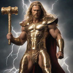 Thor, the Norse god, in a resplendent gold bodysuit studded with jewels, holding his large, old hammer. The backdrop is teeming with thunder and lightning. A majestic golden lion stands next to him.