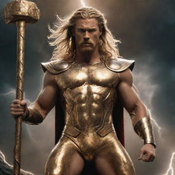 Thor, the Norse god, in a resplendent gold bodysuit studded with jewels, holding his large, old hammer. The backdrop is teeming with thunder and lightning. A majestic golden lion stands next to him.