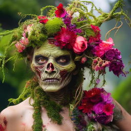 A zombie adorned with a vibrant floral headpiece, its body interlaced with lush moss, crawling vines and colourful flowers blooming from its form, creating a uniquely beautiful sight.