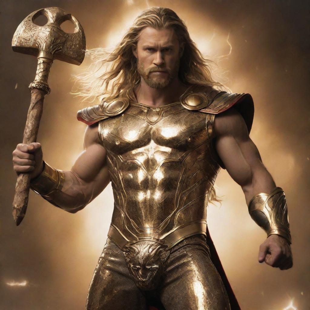 Thor, the Norse god, in a resplendent gold bodysuit studded with jewels, holding his large, old hammer. The backdrop is teeming with thunder and lightning. A majestic golden lion stands next to him.