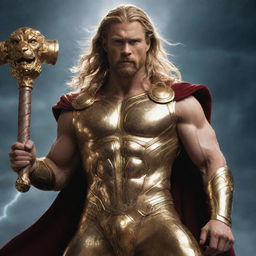 Thor, the Norse god, in a resplendent gold bodysuit studded with jewels, holding his large, old hammer. The backdrop is teeming with thunder and lightning. A majestic golden lion stands next to him.