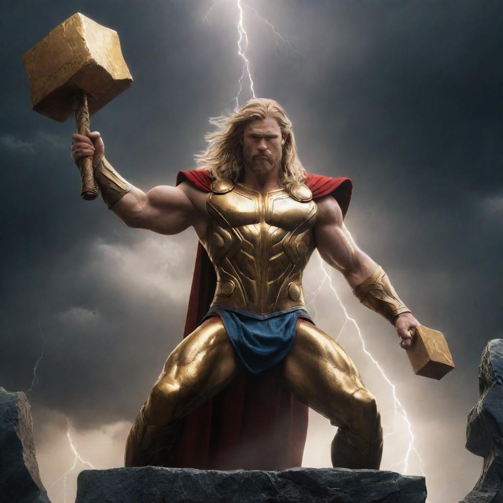 Illustrate a scene where Thor in a regal gold bodysuit wields an ancient, oversized hammer against an electrifying backdrop of thunderstorms. A majestic golden lion is by his side. The composition signifies an epic narrative of power.