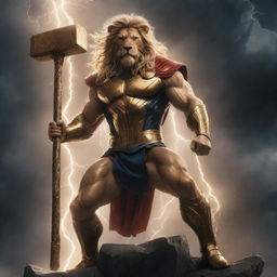 Illustrate a scene where Thor in a regal gold bodysuit wields an ancient, oversized hammer against an electrifying backdrop of thunderstorms. A majestic golden lion is by his side. The composition signifies an epic narrative of power.