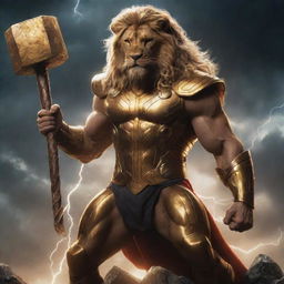 Illustrate a scene where Thor in a regal gold bodysuit wields an ancient, oversized hammer against an electrifying backdrop of thunderstorms. A majestic golden lion is by his side. The composition signifies an epic narrative of power.