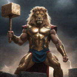 Illustrate a scene where Thor in a regal gold bodysuit wields an ancient, oversized hammer against an electrifying backdrop of thunderstorms. A majestic golden lion is by his side. The composition signifies an epic narrative of power.