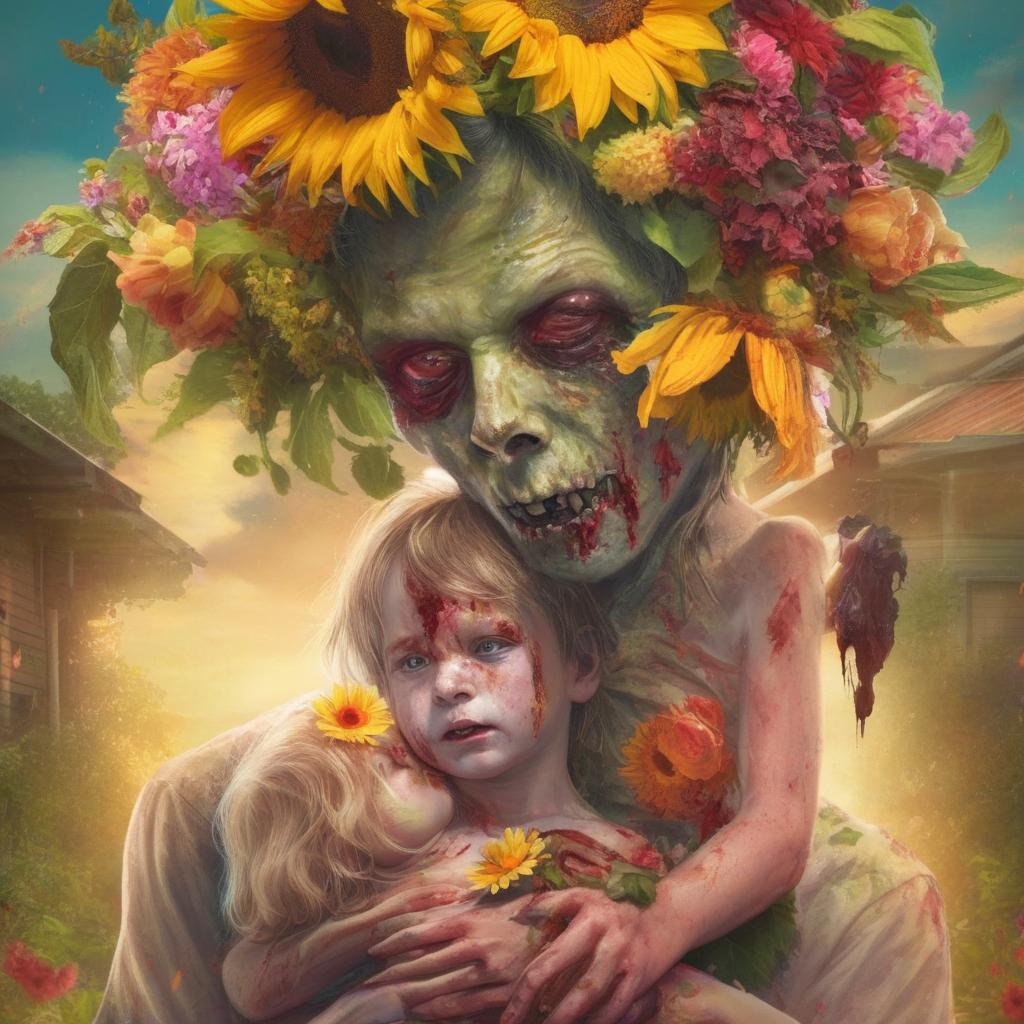 A delicately eerie scene of a zombie adorned in a floral headpiece with flowers blooming from its body, receiving a bright sunflower from a joyous, healthy child.