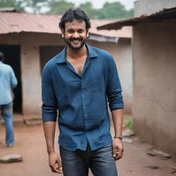 Actor Prabhas portrayed as a humble individual living in a slum. He wears simple, worn-out clothes, and his surroundings indicate poverty. Despite his conditions, his optimistic spirit shines through.