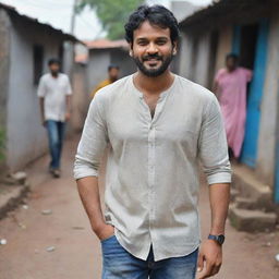 Actor Prabhas portrayed as a humble individual living in a slum. He wears simple, worn-out clothes, and his surroundings indicate poverty. Despite his conditions, his optimistic spirit shines through.