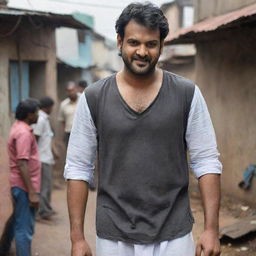 Actor Prabhas portrayed as a humble individual living in a slum. He wears simple, worn-out clothes, and his surroundings indicate poverty. Despite his conditions, his optimistic spirit shines through.