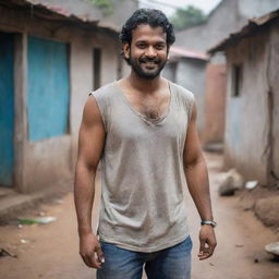 Actor Prabhas portrayed as a humble individual living in a slum. He wears simple, worn-out clothes, and his surroundings indicate poverty. Despite his conditions, his optimistic spirit shines through.