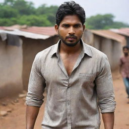 Portray Allu Arjun as a less fortunate man living in a slum. He wears a dirt-streaked, worn-out shirt, embodying the struggle of life in impoverished conditions. Despite his circumstances, an air of resilience is evident.