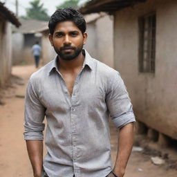 Portray Allu Arjun as a less fortunate man living in a slum. He wears a dirt-streaked, worn-out shirt, embodying the struggle of life in impoverished conditions. Despite his circumstances, an air of resilience is evident.