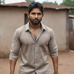 Portray Allu Arjun as a less fortunate man living in a slum. He wears a dirt-streaked, worn-out shirt, embodying the struggle of life in impoverished conditions. Despite his circumstances, an air of resilience is evident.