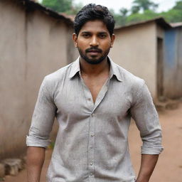 Portray Allu Arjun as a less fortunate man living in a slum. He wears a dirt-streaked, worn-out shirt, embodying the struggle of life in impoverished conditions. Despite his circumstances, an air of resilience is evident.