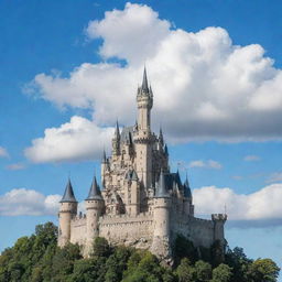 A majestic castle towering under a blue sky with wispy clouds