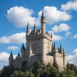 A majestic castle towering under a blue sky with wispy clouds