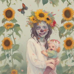 A delicately eerie scene of a zombie adorned in a floral headpiece with flowers blooming from its body, receiving a bright sunflower from a joyous, healthy child.