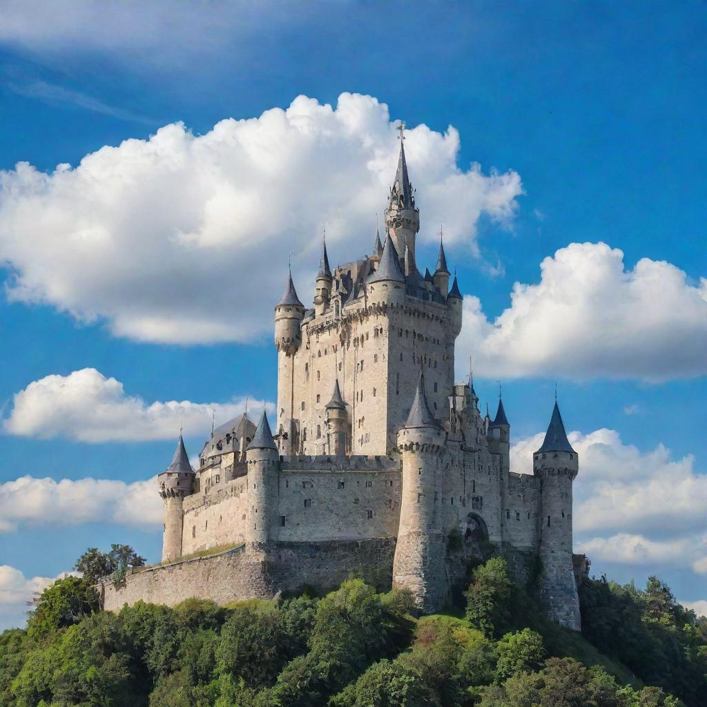 A majestic castle towering under a blue sky with wispy clouds