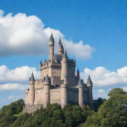 A majestic castle towering under a blue sky with wispy clouds