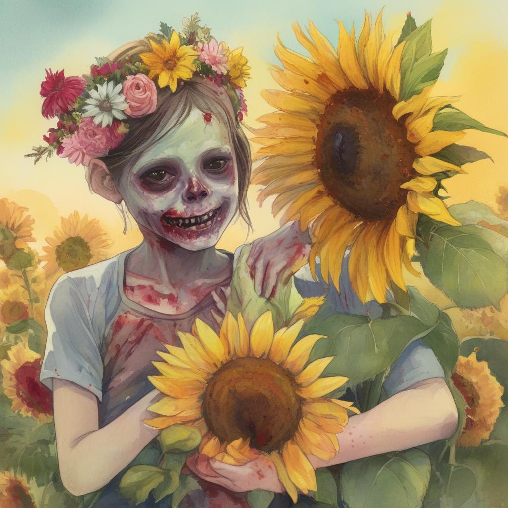 A delicately eerie scene of a zombie adorned in a floral headpiece with flowers blooming from its body, receiving a bright sunflower from a joyous, healthy child.