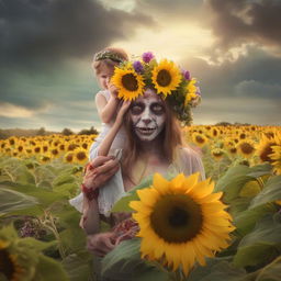 A delicately eerie scene of a zombie adorned in a floral headpiece with flowers blooming from its body, receiving a bright sunflower from a joyous, healthy child.