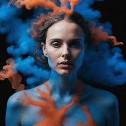 Editorial-style photograph of a 40-year-old woman resembling Natalie Portman, enveloped in ethereal blue and orange neon liquid smoke, creating organic formations, captured with a slow shutter speed