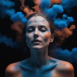 Editorial-style photograph of a 40-year-old woman resembling Natalie Portman, enveloped in ethereal blue and orange neon liquid smoke, creating organic formations, captured with a slow shutter speed