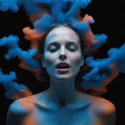 Editorial-style photograph of a 40-year-old woman resembling Natalie Portman, enveloped in ethereal blue and orange neon liquid smoke, creating organic formations, captured with a slow shutter speed