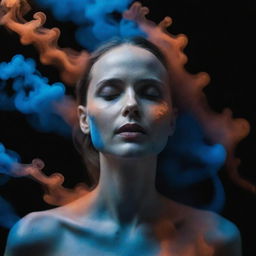 Editorial-style photograph of a 40-year-old woman resembling Natalie Portman, enveloped in ethereal blue and orange neon liquid smoke, creating organic formations, captured with a slow shutter speed